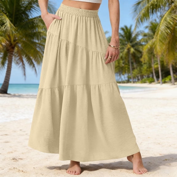 Women's Boho Maxi Skirt with Pockets - Elastic High Waist Flowy Tiered A-Line Long Skirts for Summer Vacation Beige A L