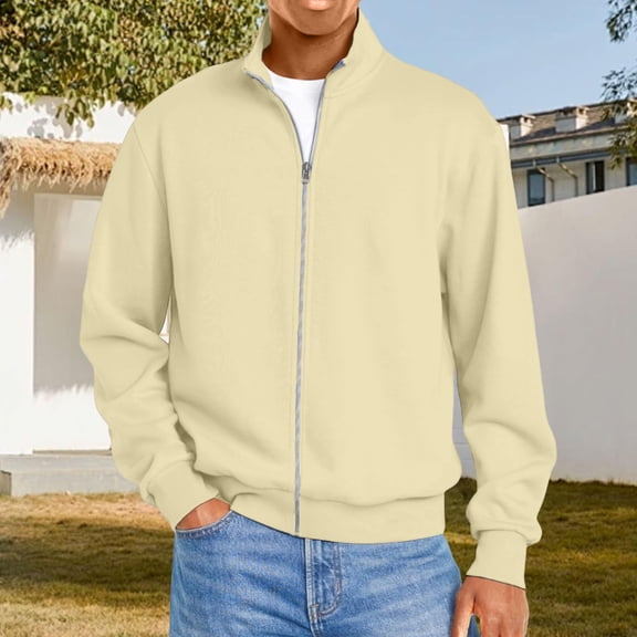 Mens Zip up Sweatshirt no Hood Long Sleeve Jacket Khaki 2XL