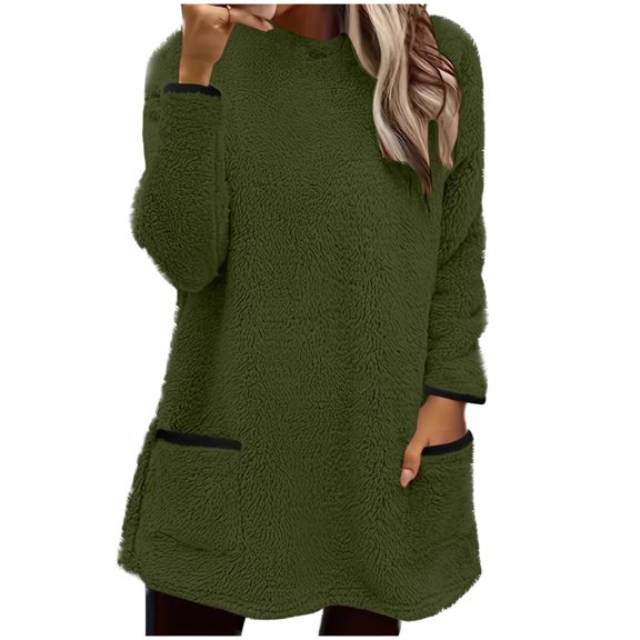 Women's Fleece Sweaters Causal Crewneck Sweatshirts Trendy Soft Fuzzy Sweater Long Sleeve Pullover Tops with Pockets (L, Army Green)