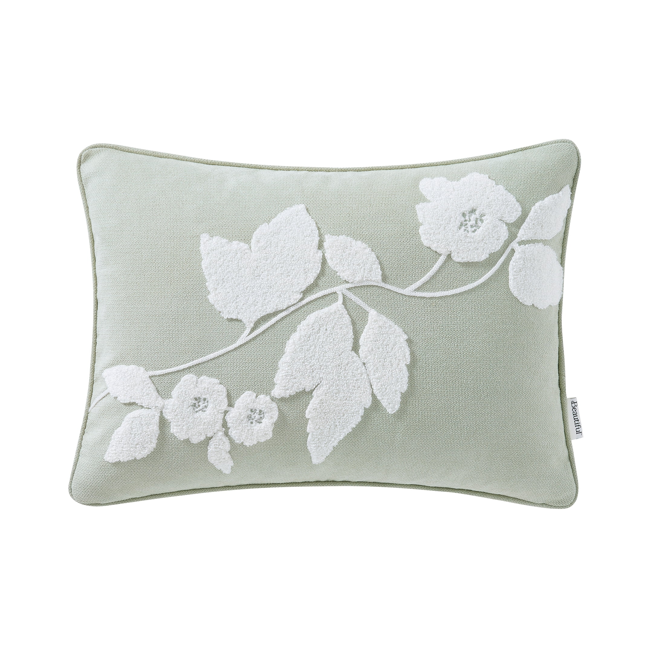(2 pack) Beautiful Boucle Embroidered Floral Decorative Pillow by Drew Barrymore, 14" x 20", Sage