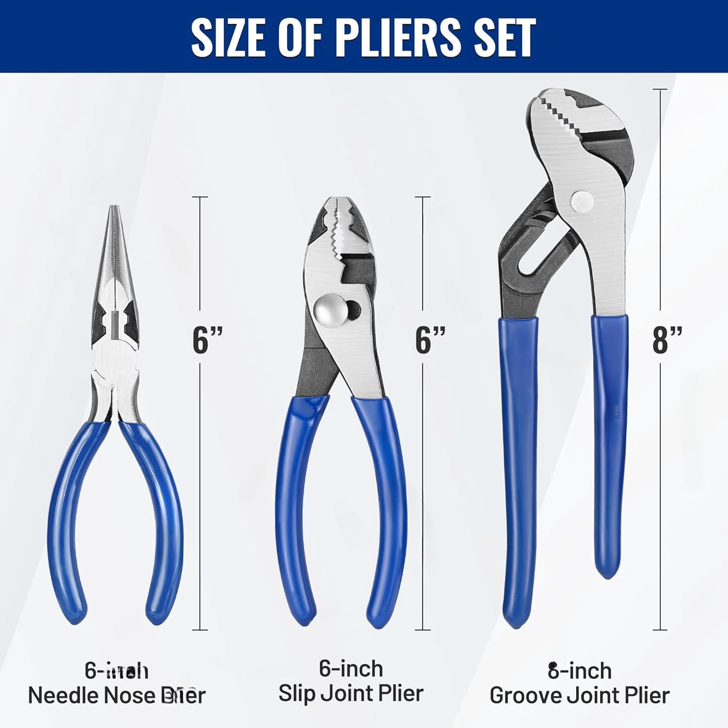 Pliers Set, 3-Piece Plier Tool Set with Soft Handle, 6" Needle Nose, 6" Slip Joint, 8" Groove Joint Plier for DIY & Home Use
