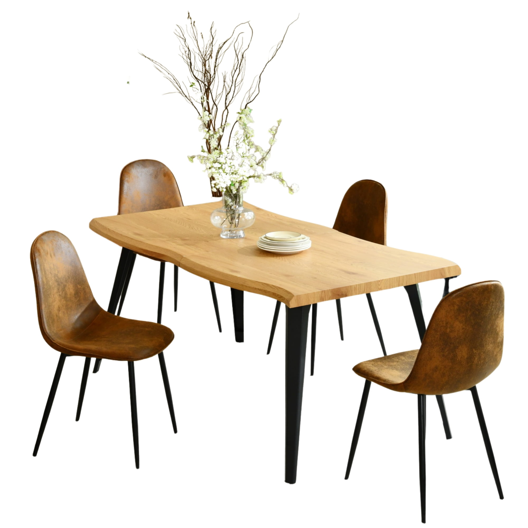 Ensemble de salle à manger 5 pièces Homy Casa de style industriel moderne pour 4 personnes, table en imitation bois avec bords naturels et 4 chaises sans accoudoirs, tissu en suède brun Fuax