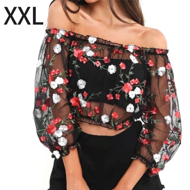 Blusa elástica con hombros descubiertos y estampado floral de malla con top corto bordado para mujer, XXL Speravity AP000886-05