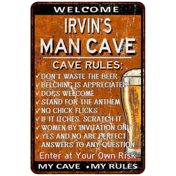 IRVIN'S Man Cave Rules Rusty Sign Garage Decor 8 x 12 High Gloss Metal 208120051175