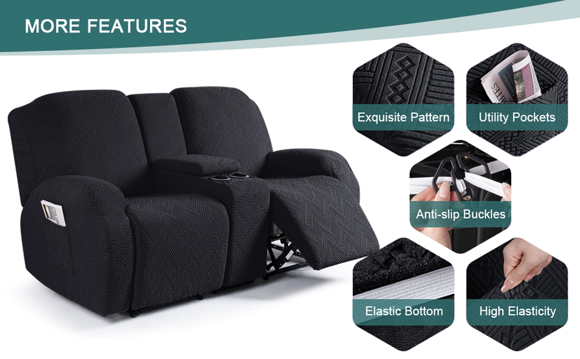TAOCOCO Recliner Sofa Slipcovers with Console, 4 Pieces Jacquard Reclining Couch Cover for Loveseat Sofa Home Decor Protector,Black