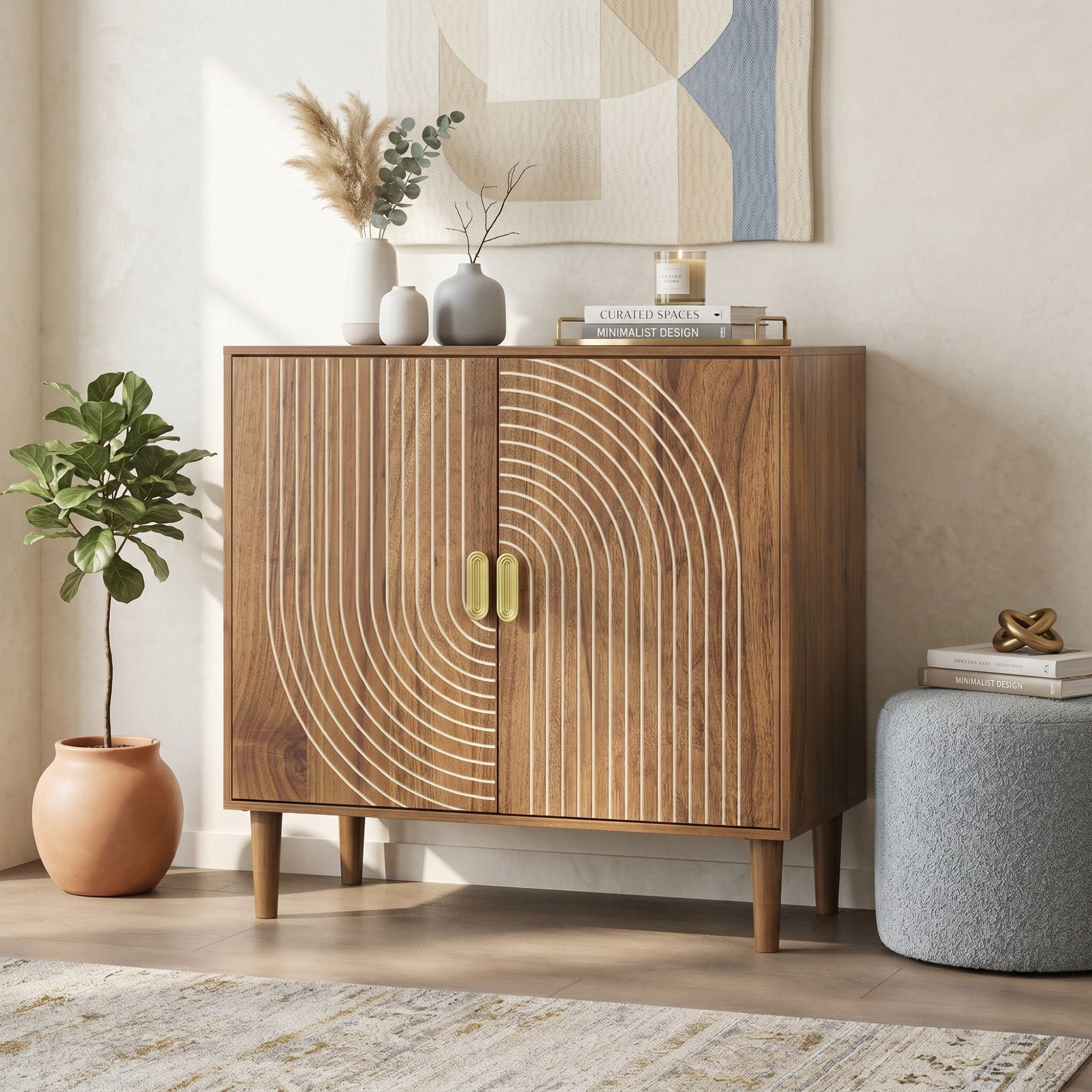Sailvan Wood Buffet Cabinet, Line Groove Design, 2-Door Storage Sideboard