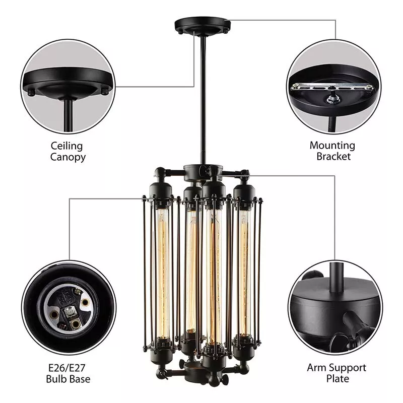 FINE MAKER 4 Heads Chandelier Vintage Pendant Light Steampunk Style Loft Ceiling Fixture
