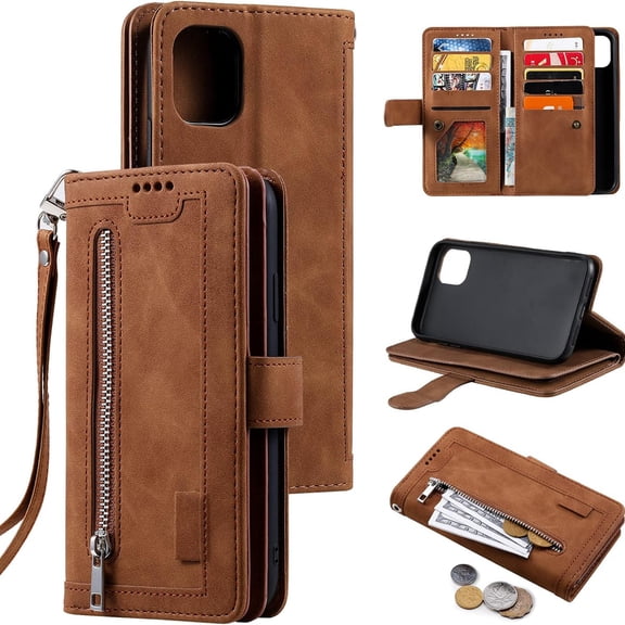 TECH CIRCLE for iPhone XS Max Leather Wallet Case 9 Card Holder Slots Zipper Pocket Handbag Cover Magnetic Closure Kickstand with Wrist Strap TPU Shockproof Flip Cover for Women,Brown