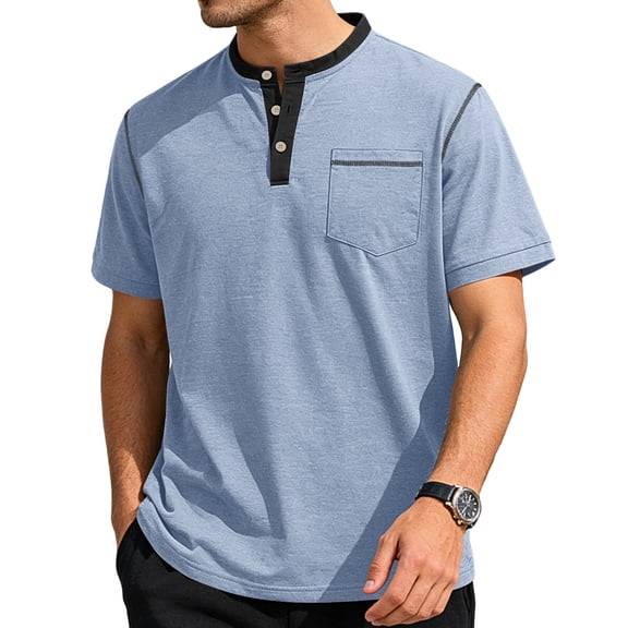 GrmtClth Men's Shirts 2026 Summer Henley Button T-Shirt Breathable Short Sleeve Top Relaxed Fit with Pocket Outfit Collar Colorblock Light Blue L
