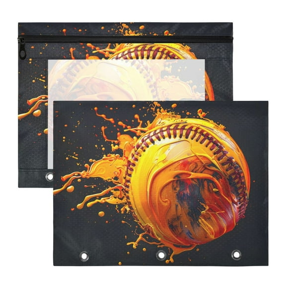 Yellow Flying Baseball 3-Ring Binder Pouches A4 Size Zipper Pocket File Storage 2 Packs