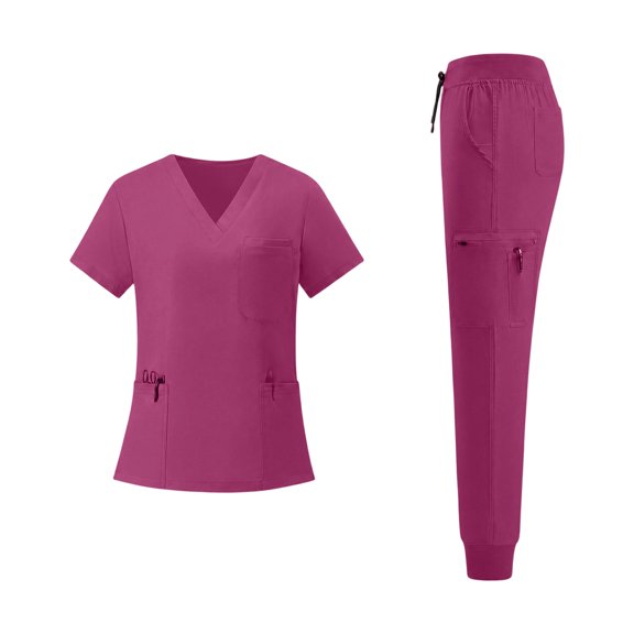 FGVCTG Women Quick Dry Scrub Sets, Solid V Neck Short Sleeve Top & Jogger Pants With Multi Pockets Comfort Uniform For Nurse Care Worker Medical Work Outfit Hot Pink S