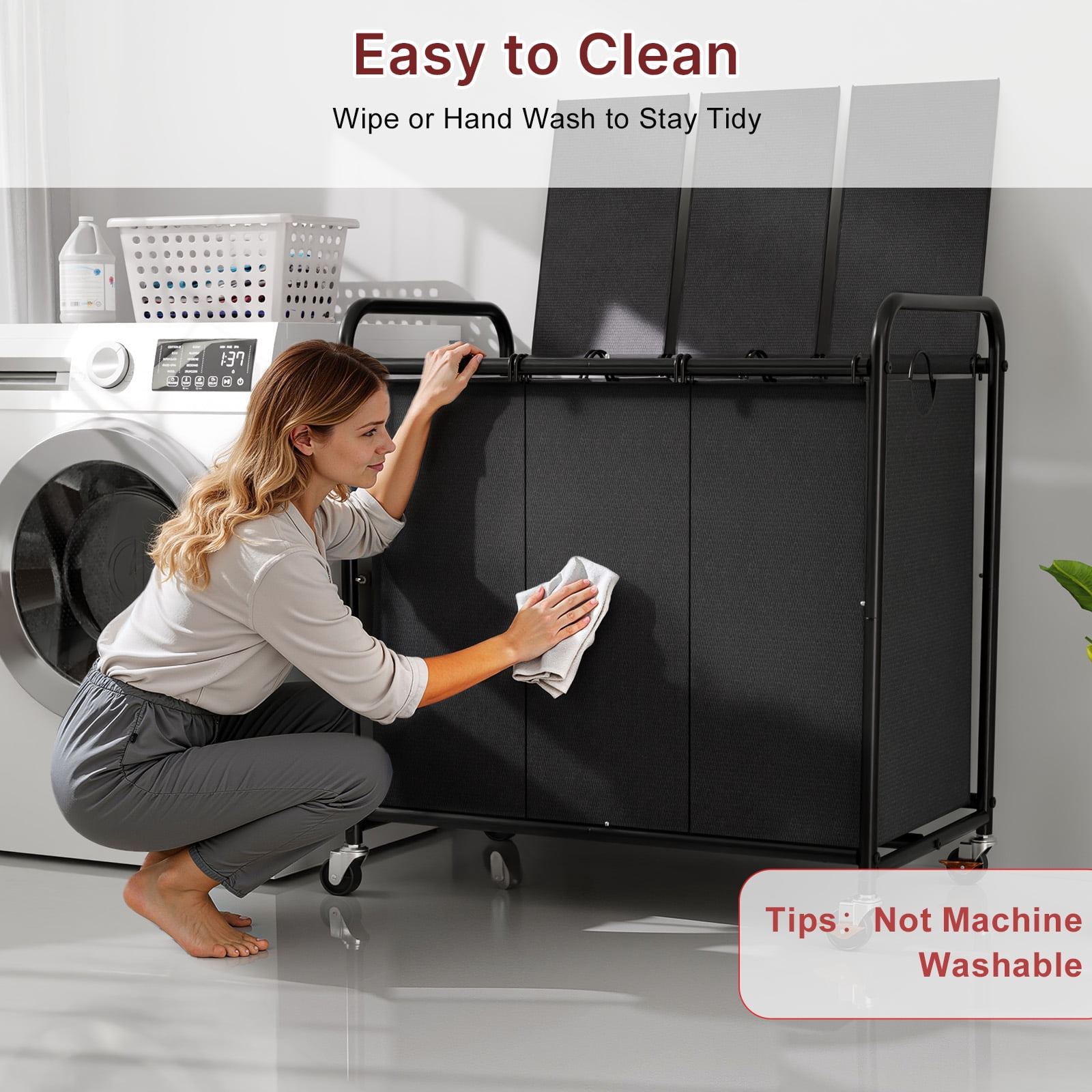 180L (47.55 Gal) Laundry Sorter 3 Section, Rolling Laundry Basket with Lockable Wheels and Lid, Laundry Hamper with 3 Separated Removable Bags Dirty Clothes Hamper for Laundry Room Organizer, Black