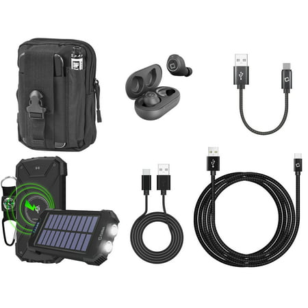 Bemz Accessories Bundle for Moto G Power, G Pure, Edge, G100, G Stylus 5G, One 5G Ace, G Play, G Fast - 7 item Kit: Tactical Pouch, Wireless Earbuds, 10,000 mAh Solar Power Charger, Type-C USB Cables
