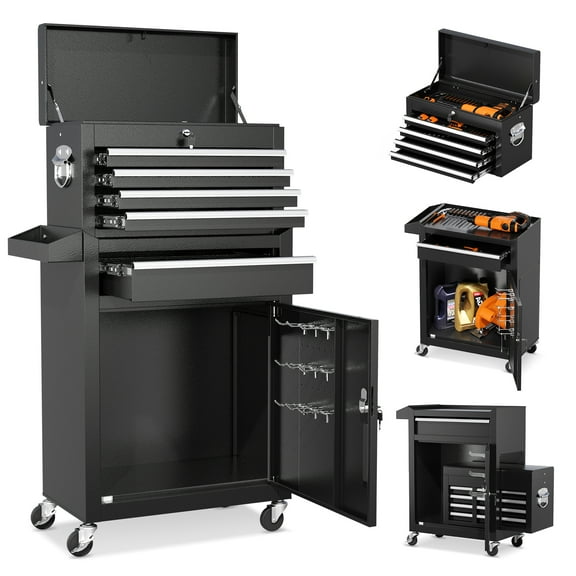 Suncrown Tool Chest 5 Drawer Rolling Tool Storage Cabinet with Universal Lockable Wheels, Metal Tool Cart for Garage, Workshop, Metal Black