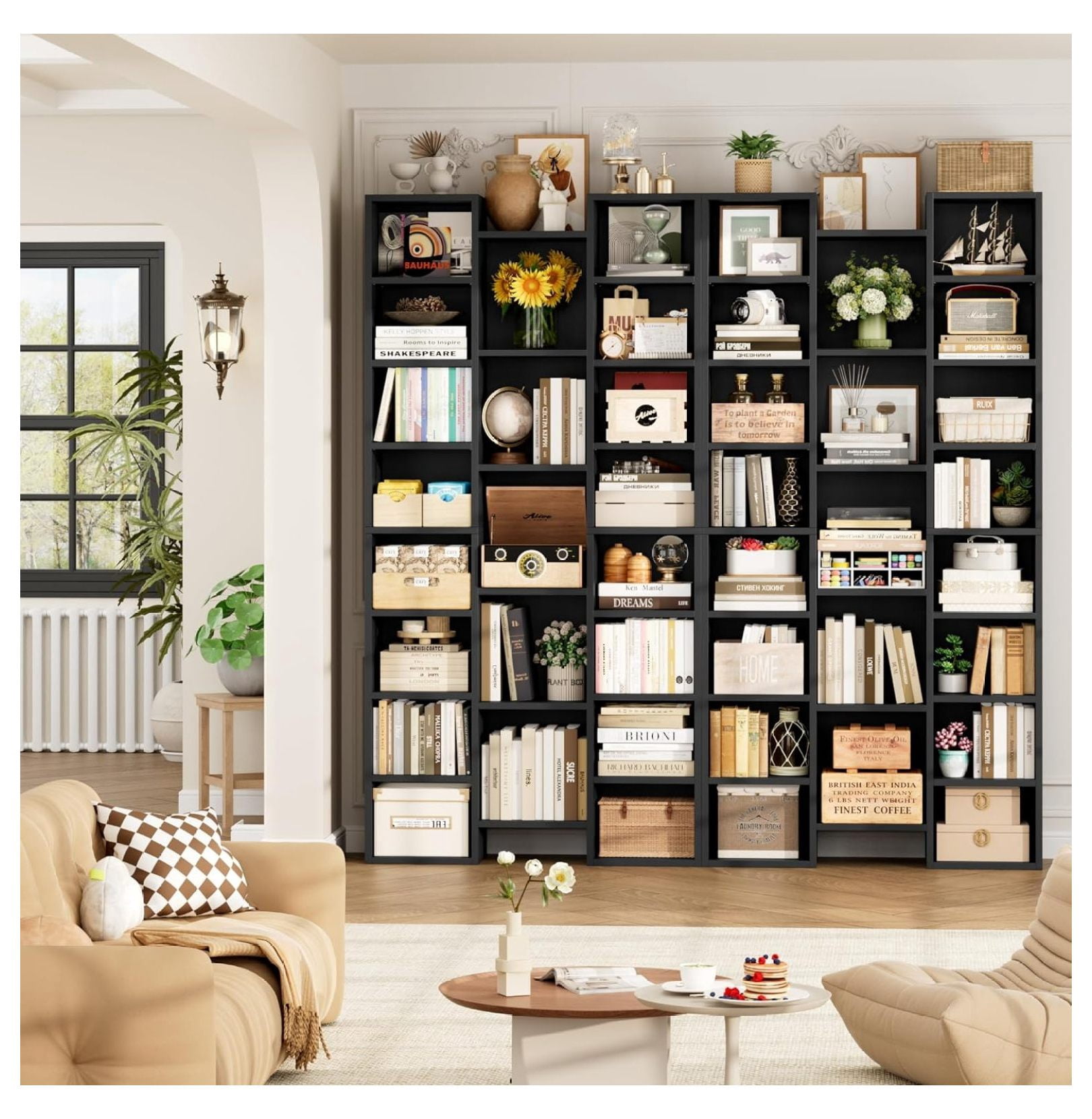 71’’ Tall Bookshelf, Triple Wide Black Bookshelf with Adjustable Shelves, 8 Tier Media Storage Tower Rack, Diaplay Cabinet Shelf, Cube Storage Organizer Shelf for Home Office, Black