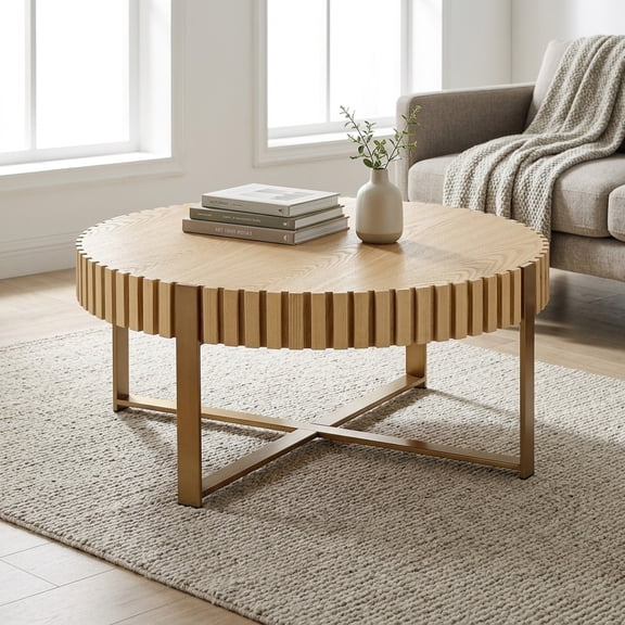 Round Coffee Table with Pedestal Base - Modern Natural Ash Finish