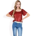 thumbnail image 4 of Women's Short Sleeve Square Neck Sequin Top for Special Occasions- Burgundy,Medium, 4 of 7