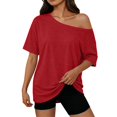 thumbnail image 2 of VJGBEGW Women Off The Shoulder Tops Oversized Short Sleeve Shirts Summer Casual Fashion Tees Red M, 2 of 9