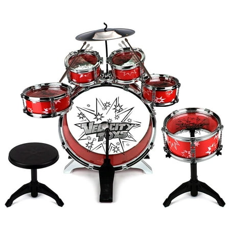 6 Piece Electronic Drum Set 11 Piece Children's Kid's Musical Instrument Drum Play Set w/ 6 Drums, Cymbal, Chair, Kick Pedal, Drumsticks (Red) ()