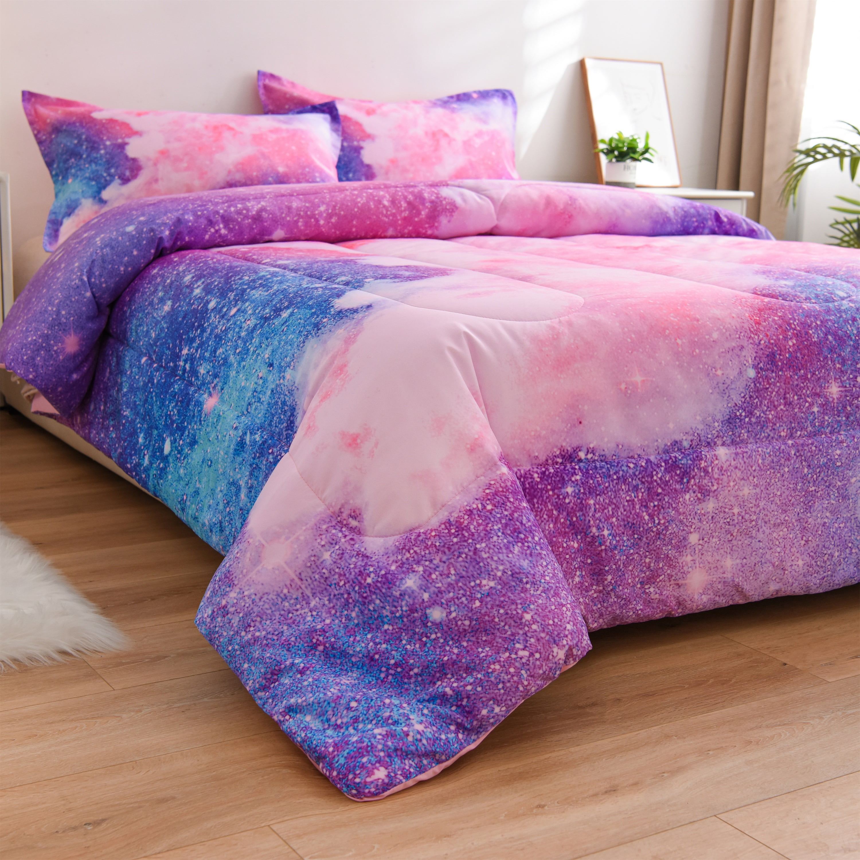 NTBED Galaxy Bedding Sets Outer Space Comforter Space Quilt Set Twin Size Glitter Pink for Children Boy Girl Teen Kids
