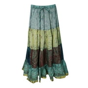 Mogul Womens Maxi Tiered Skirt Vintage Sari Full Flare A-Line Golden Border Boho Chic Long Skirts