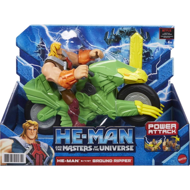 Masters Of The Universe: Action Figure He-Man Con Moto Ground Ripper - Ispirato Alla Serie Netflix, Altezza 14cm (5.5") E Veicolo 20cm (8"), Funzioni Di Attacco, Regalo Per Bambini 4+ Anni