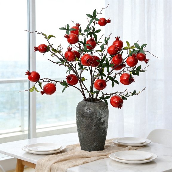 Artificial Pomegranate Branch Stems for Vase Decor – 36" Faux Fruit Tree Branch with Orange Foam Pomegranates and Green Leaves – Fake Floral Arrangement for Living Room, Dining Table, Entryway