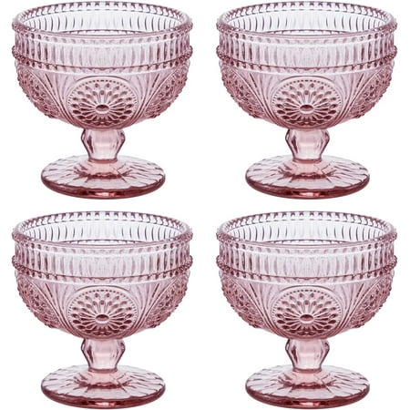 

DabuLiu Vintage Sunflower Embossed Glass Footed Dessert Bowl Ice Cream Bowl Trifle Bowl Salad Bowl Candy Cake Bowl for Home Party Wedding 9 oz Pink Set of 4