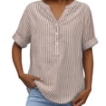 thumbnail image 6 of Otvok Plus Size Women's Cotton Linen Shirts Casual Comfortable Striped Print Short Sleeve V-Neck Summer Blouse, 6 of 7