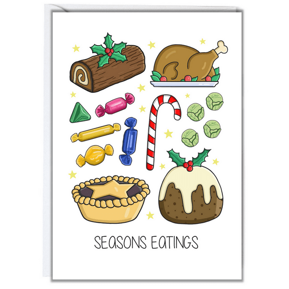 Seasons Eatings Holiday Card – Fun Festive Design with Food Illustrations – Perfect for Christmas Greetings & Wishes – Blank Inside, Envelope Included