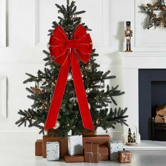 1 PCS Large Christmas Bow - 26" Christmas Valentine's Day Golden Edged Red Velvet Wreath Bow Thanksgiving Christmas Tree Topper Garland Ornament Bow for Christmas Home Wreath Tree Decoration