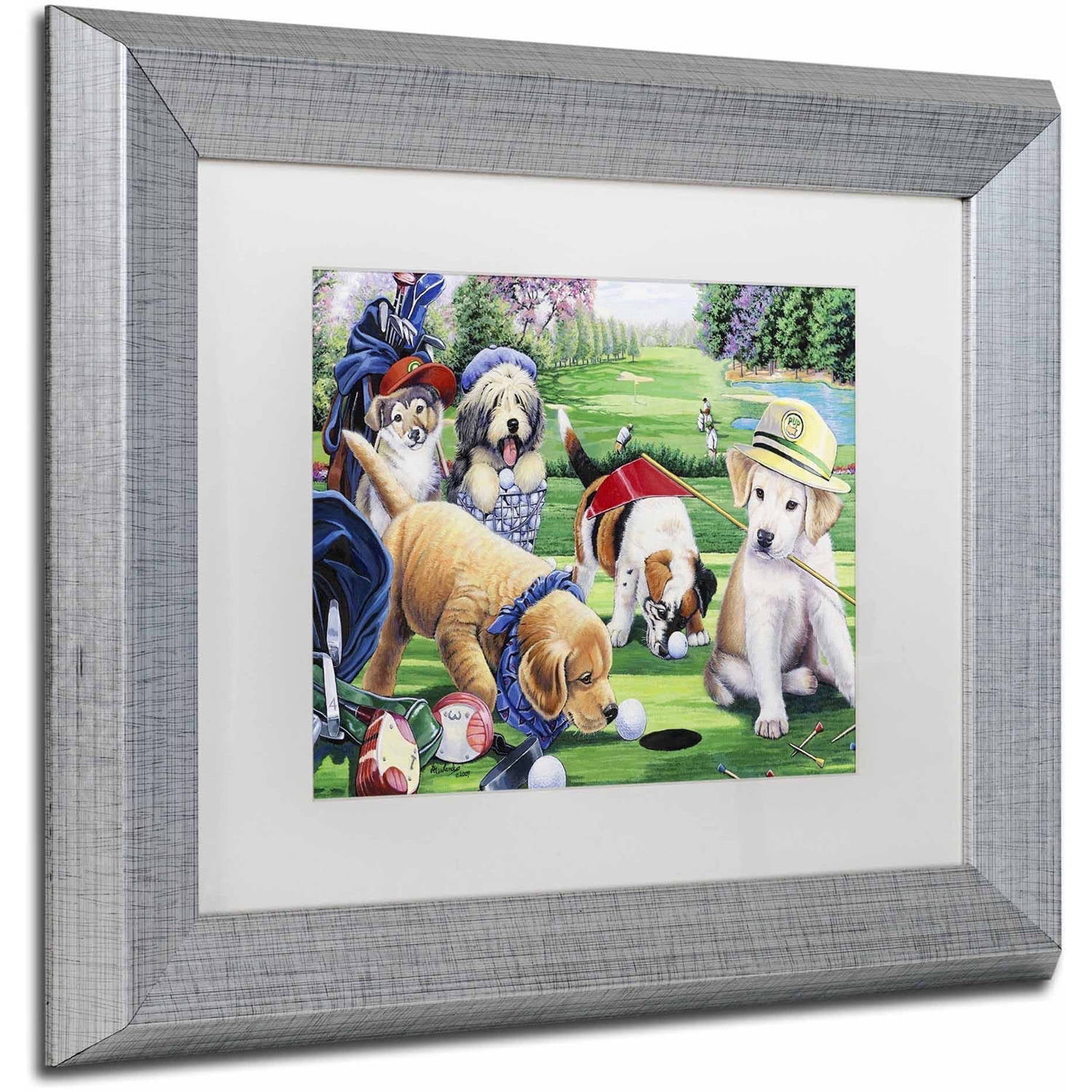 Trademark Fine Art 'Golfing Puppies' Canvas Art by Jenny Newland, White Matte, Silver Frame