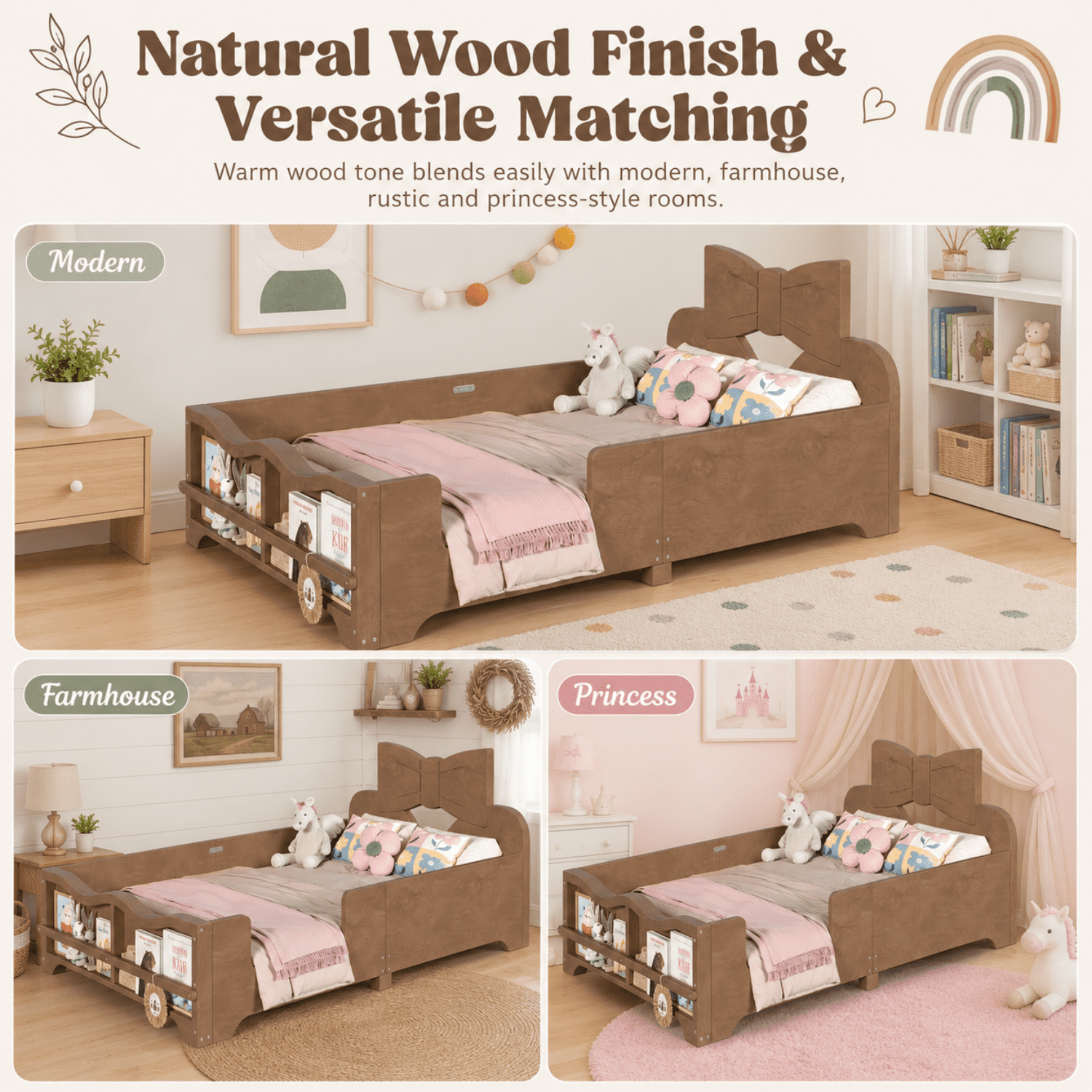 Miniyam Kids Twin Montessori Floor Bed with Guardrails and Built-In Bookshelf, Bowknot Headboard, Brown