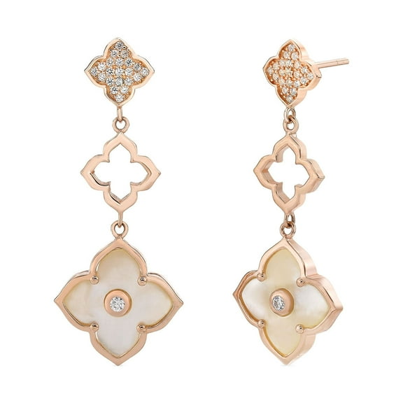 Mother of Pearl and Cubic Zirconia Three Flower Drop Dangle Earrings in 925 Sterling Silver with Rose Gold Plating Friction Back by Lavari Jewelers