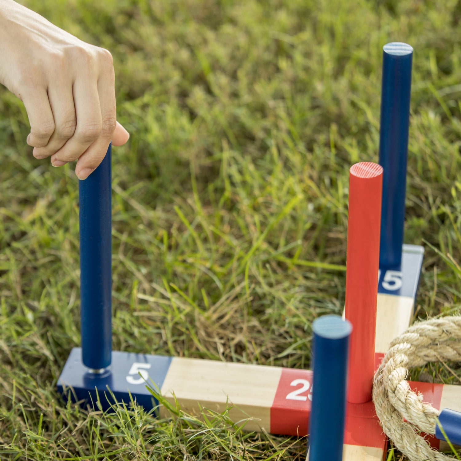 Triumph Compact and Portable Wood Ring Toss with 1 Wooden 5-Peg Target, 2 Red Rope Toss Rings and 2 Blue Rope Toss Rings