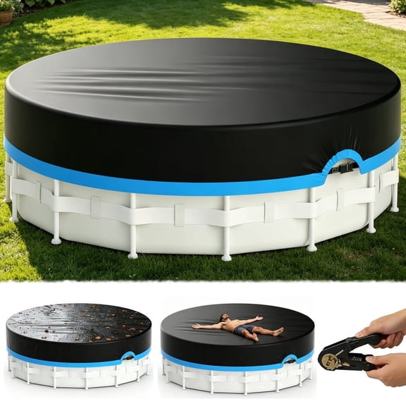 SHELTUSE Round Pool Cover, 24 ft Oxford Round Pool Solar Cover Above Ground with Steel Rope Inflatable Pools Cover for Swimming Pool, Black