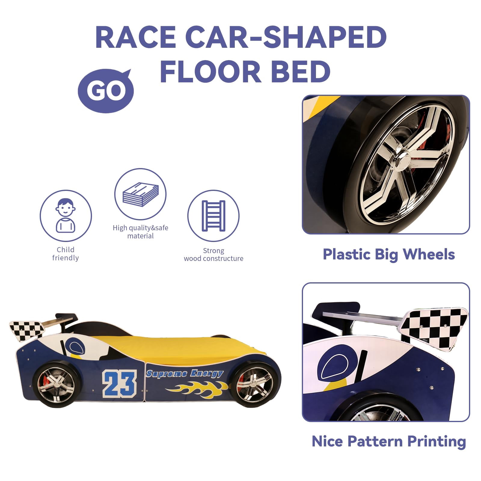 BFJDM Twin-Size Car Bed for Kids, Race Car-Shaped Wooden Platform Bed Frame with Headboard, Wheels for Boys, Toddlers, and Children's Bedrooms Blue