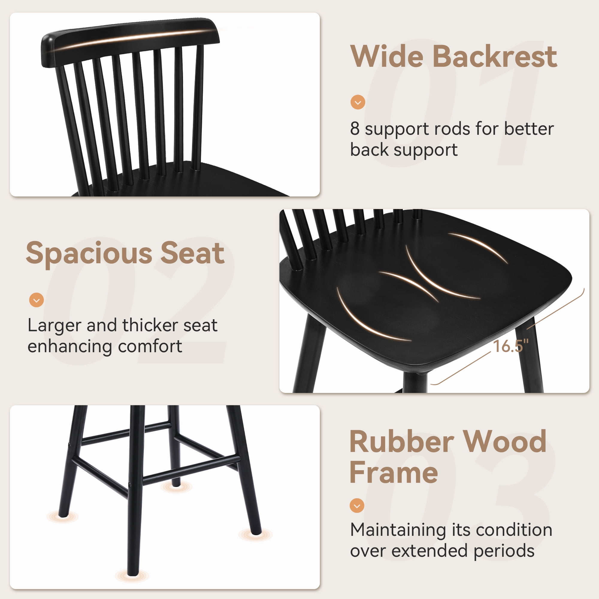 Dycanpo 24'' Windsor Wooden Counter Height Chairs Set of 3, Upgraded Farmhouse Bar Stools with Spinddle Back for Kitchen,Black