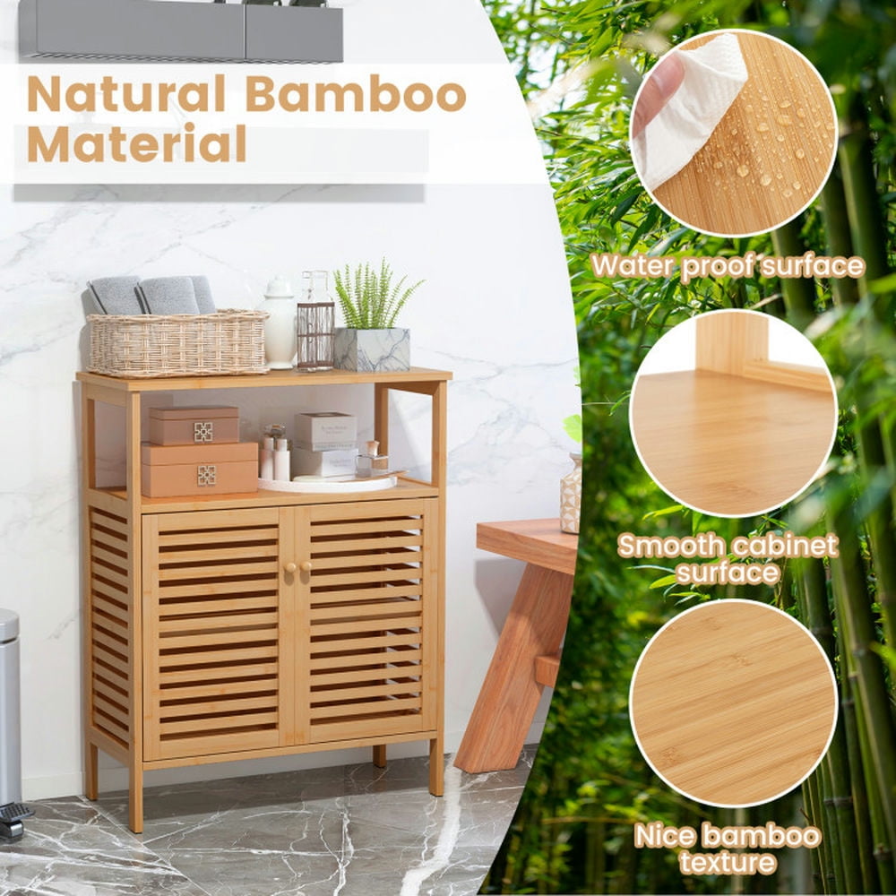 Finihen Bathroom Storage Cabinet, Bathroom Floor Cabinet, Bamboo Bathroom Floor Storage Cabinet with Shutter Doors, for Bathroom, Living Room, Bedroom, Kitchen, Natural Finihen Bathroom Storage Cabinet, Bathroom Floor Cabinet, Bamboo Bathroom Floor Storage Cabinet with Shutter Doors, for Bathroom, Living Room, Bedroom, Kitchen, Natural