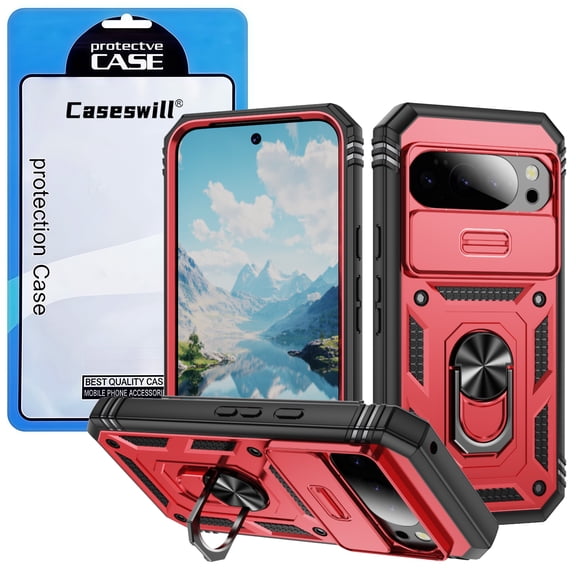 Caseswill for Googel Pixel 10 / 10 Pro Case with 2X Screen Protector, 3in1 Rugged Heavy Duty Shockproof Phone Case with Slide Camera Cover & 360° Rotatable Ring Kickstand