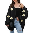 thumbnail image 2 of Female Sweaters Floral V-Neck Long Sleeve Sweater Open Front Knit Buttonless Trendy Sweater Outerwear Black One size, 2 of 8