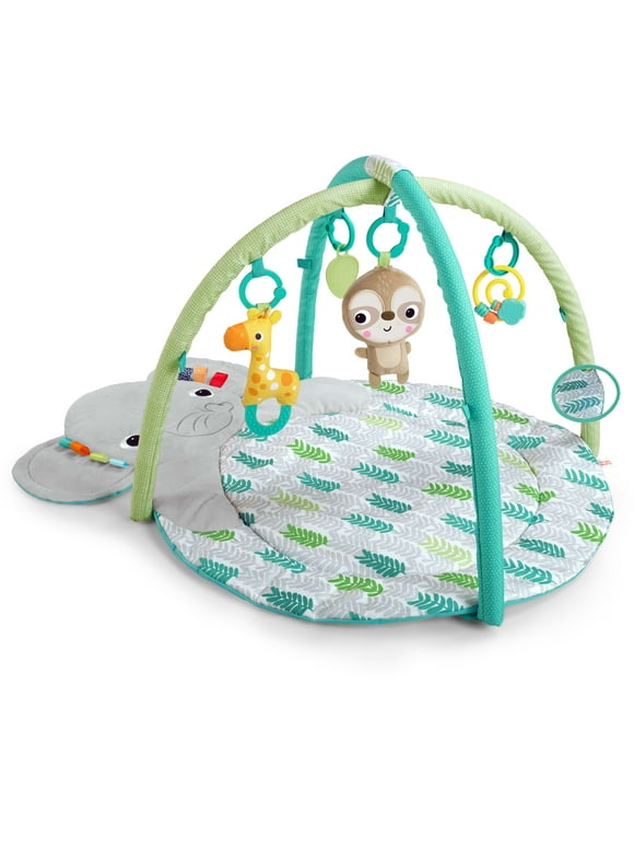 Bright Starts Hug n Cuddle Elephant Activity Baby Gym and Tummy Time Play Mat with Take-Along Toys, Green Newborn+