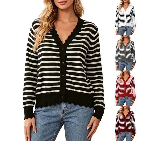 Lixiuxyad ‌Women's V-Neck Striped Knit Cardigan Long Sleeve Button-Front Summer Knit Tops,Black