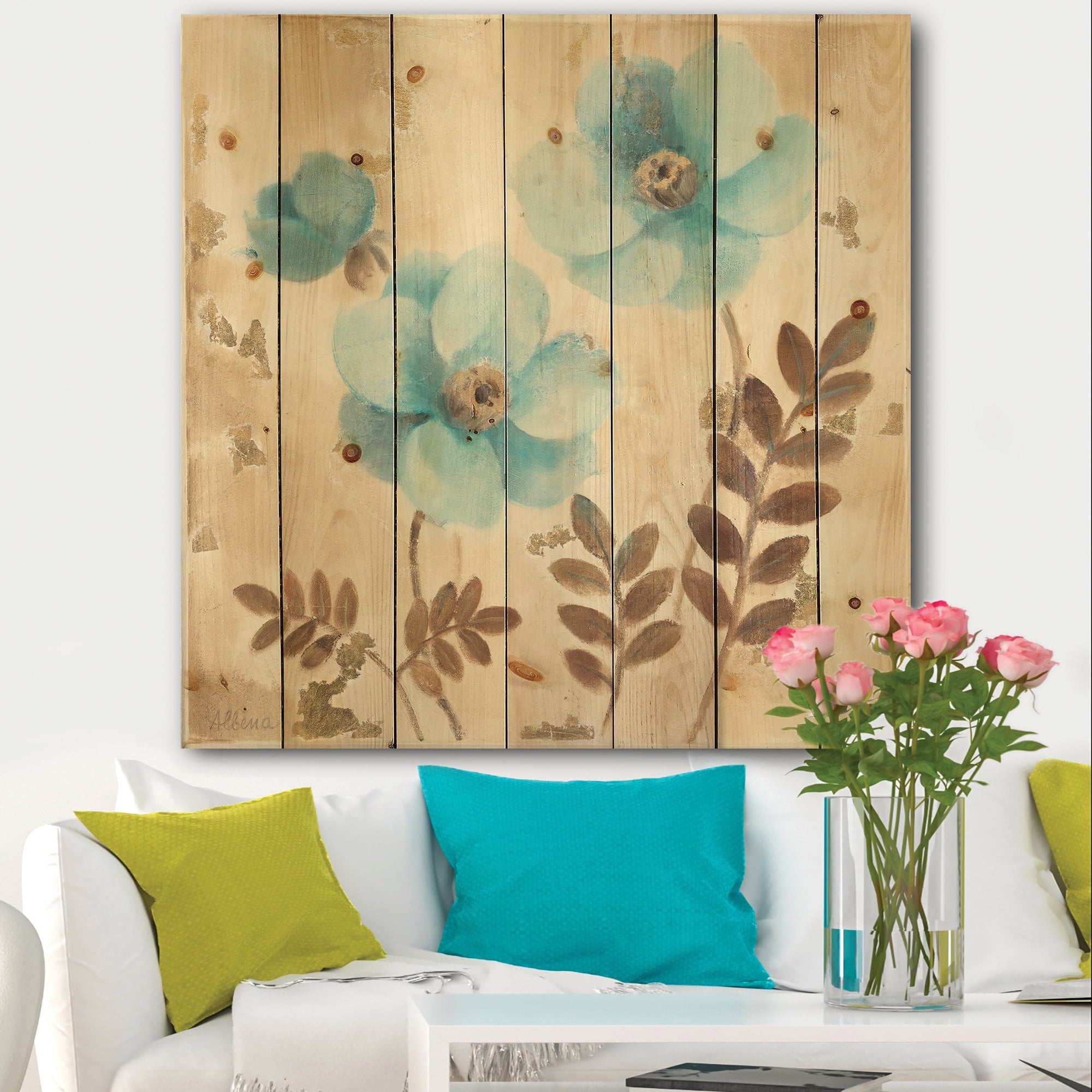 Designart 'Turquoise Poppies Cottage Flowers II' Farmhouse Print on Natural Pine Wood