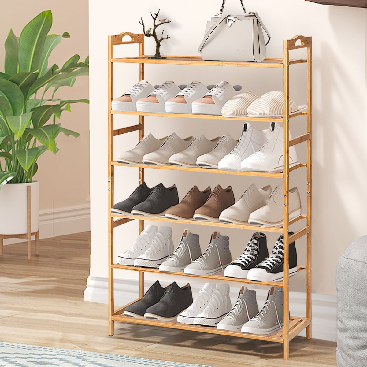 Small Bamboo 4 Tier Wooden Shoe Storage Shelf Rack Tidy Space Shoes Organizer 