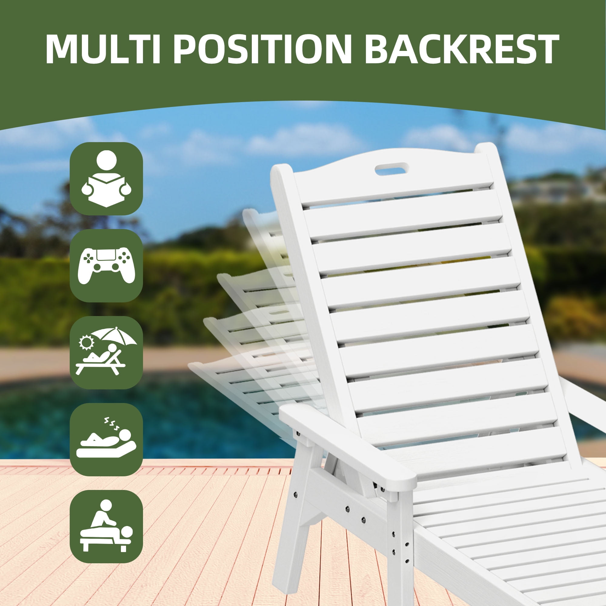 Uforic Outdoor Chaise Lounge Chairs with Adjustable Backrest, Heavy Duty Hips Resin Patio Lounger with Wide Armrest, 2 Pcs