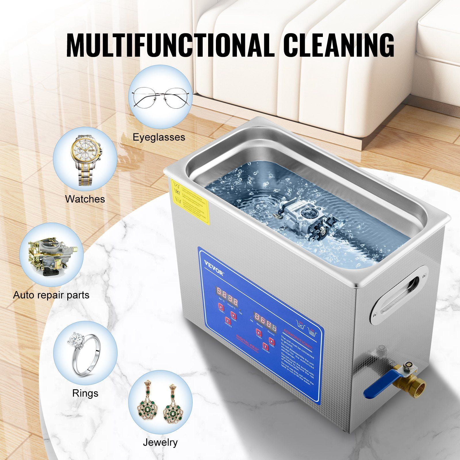 Professional 6L Ultrasonic Cleaner with Digital Timer Heater for Jewelry Glasses Watch Rings Small Parts Circuit Board Stainless Steel