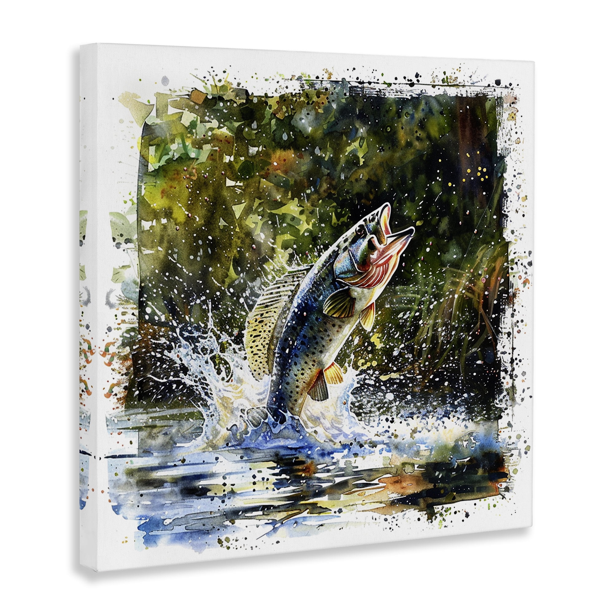 Stupell Industries Splashing Lake Bass Animals Painting Wrapped Canvas Art Print Wall Art, 24 x 24