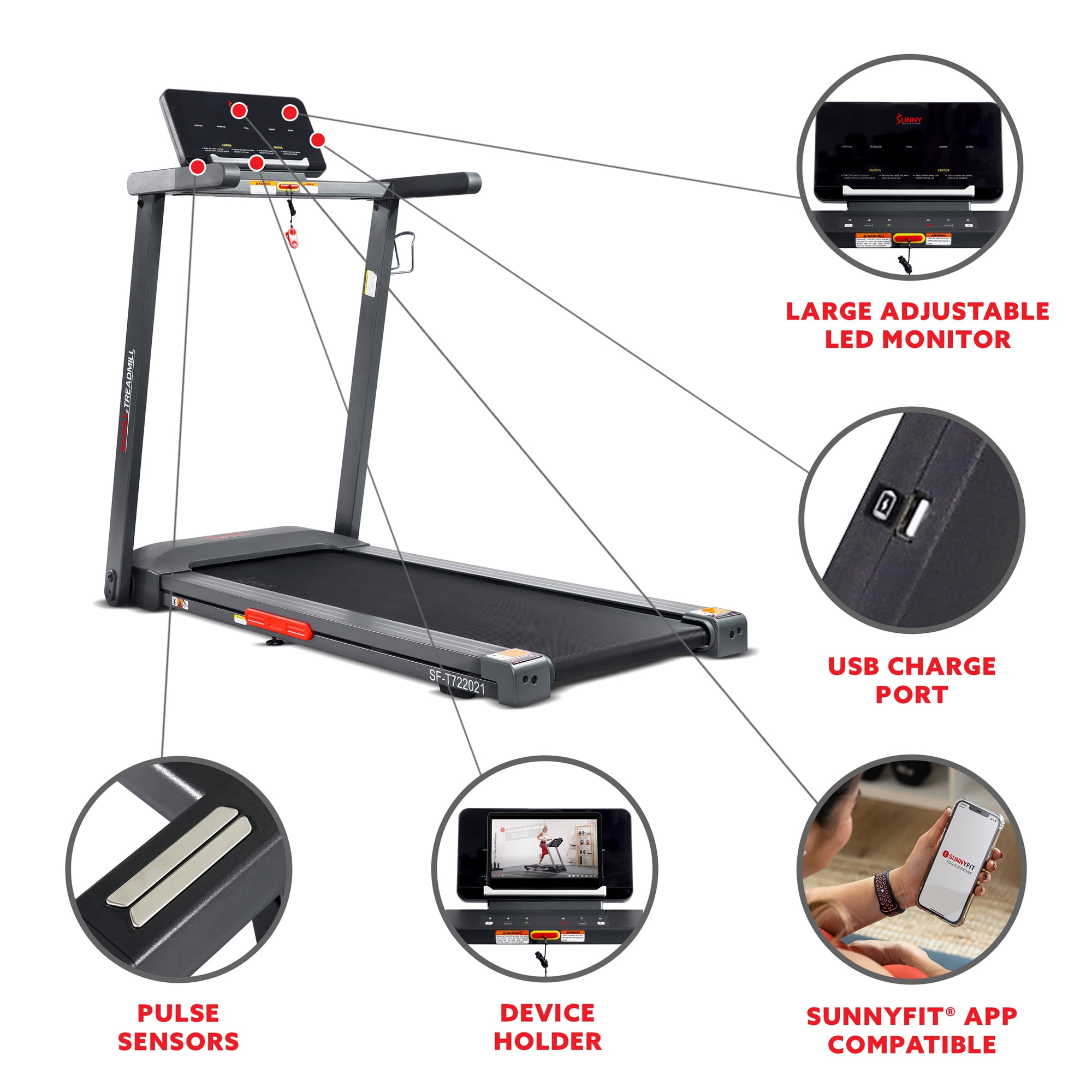 Sunny Health & Fitness Interactive Slim Treadmill 9MPH w Smart Bluetooth & FREE SunnyFit® App – SF-T722021