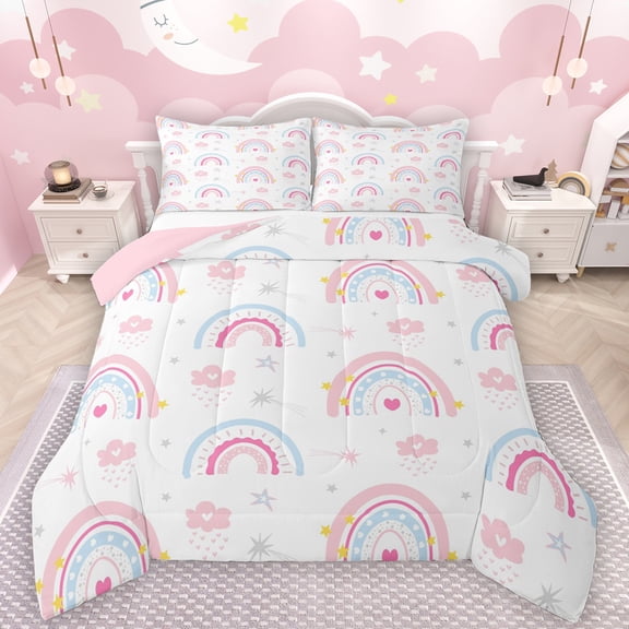 Manfei Cartoon bohemian Rainbow Bedding Comforter Set,Clouds Stars Pattern Twin Comforter Sets,Pink White Blue Bedding Set For Girls Teens,Luxury Bedroom Decor Reversible,2-Piece